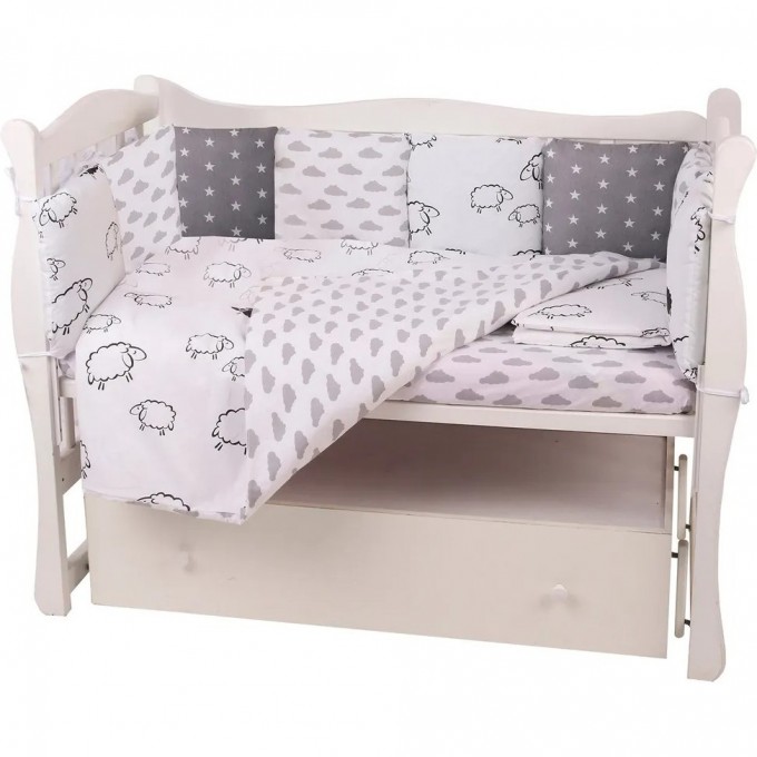 Бортик в кроватку AMAROBABY GOOD NIGHT 12 предметов (12 подушек-бортиков), белый/сер, поплин/бязь BOPT GOOD NIGHT