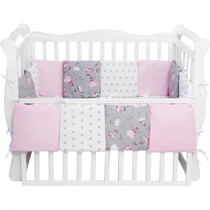 Бортик в кроватку AMAROBABY МЕЧТА 12 предметов (12 подушек-бортиков), серый/розовый, поплин/бязь BOPT MECHTA
