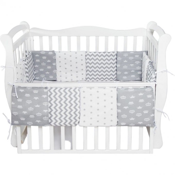 Бортик в кроватку AMAROBABY ROYAL BABY 12 предметов (12 подушек-бортиков), бязь, серый BOPT ROYAL BABY CEPYII