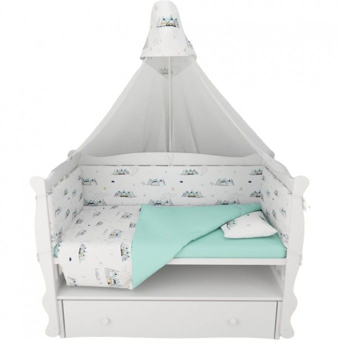 Бортик в кроватку на молнии (4 подушки-бортика) AMAROBABY Горы, белый/мята (перкаль) AMARO-3104-Go