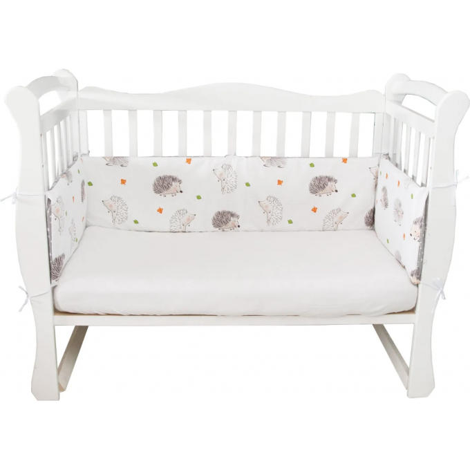 Бортик в кроватку на молнии (4 подушки-бортика) AMAROBABY КРОШКА EЖИК, белый/серый, поплин AMARO-3104-Ke