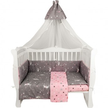 Бортик в кроватку на молнии (4 подушки-бортика) AMAROBABY PRINCESS, серый/розовый