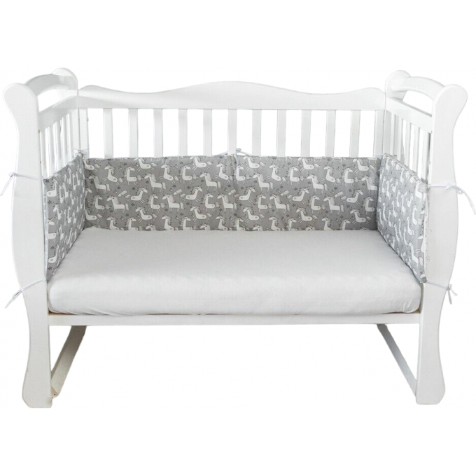 Бортик в кроватку на молнии (4 подушки-бортика) AMAROBABY СКАЗОЧНЫЕ ЕДИНОРОЖКИ, серый/белый, бязь AMARO-3104-EdS