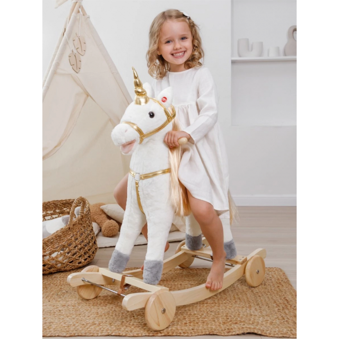 Единорог каталка-качалка AMAROBABY UNICORN, с колесами, белый/золотой AMARO-28UNI-BeZo