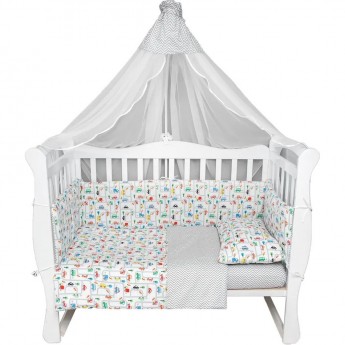 Комплект в кроватку AMAROBABY ДОРОГА, 7 предметов (6+4 подушки-бортика на молнии), белый/серый, поплин