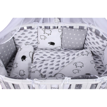 Комплект в кроватку AMAROBABY GOOD NIGHT, 19 предметов (7+12 подушек-бортиков), белый/серый, поплин/бязь