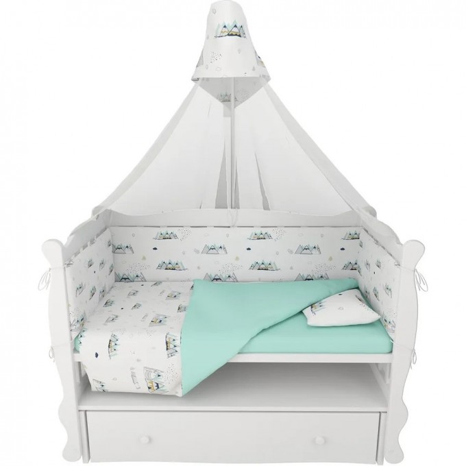 Комплект в кроватку AMAROBABY, ГОРЫ, 7 предметов (6+4 подушки-бортика на молнии), белый/мята, перкаль AMARO-3007-Go