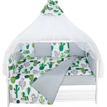 Комплект в кроватку AMAROBABY КАКТУСЫ, 15 предметов (3+12 подушек-бортиков), бязь, белый
