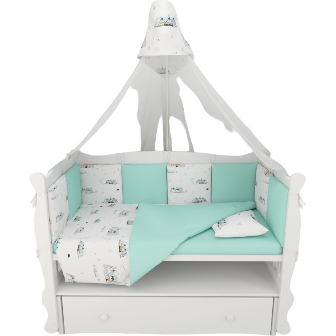 Комплект в кроватку AMAROBABY PREMIUM, 18 предметов (6+12 подушек-бортиков), ГОРЫ, перкаль, белый/мята AMARO-3018-Go