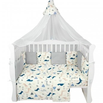 Комплект в кроватку AMAROBABY PREMIUM LITTLE DINO, 18 предметов (6+12 подушек-бортиков), бежевый/серый