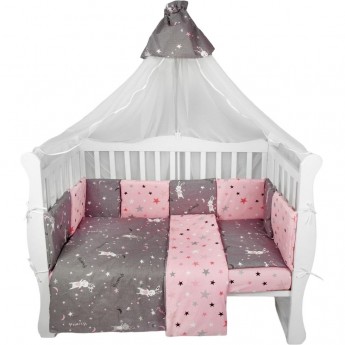 Комплект в кроватку AMAROBABY PREMIUM PRINCESS, 18 предметов (6+12 подушек-бортиков), серый/розовый
