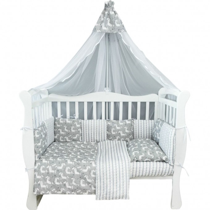 Комплект в кроватку AMAROBABY PREMIUM, СКАЗОЧНЫЕ ЕДИНОРОЖКИ, 18 предметов (6+12 подушек-бортиков), бязь, белый/серый AMARO-3018-EdS