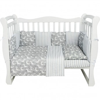 Комплект в кроватку AMAROBABY СКАЗОЧНЫЕ ЕДИНОРОЖКИ, 15 предметов (3+12 подушек-бортиков), бязь, белый/серый