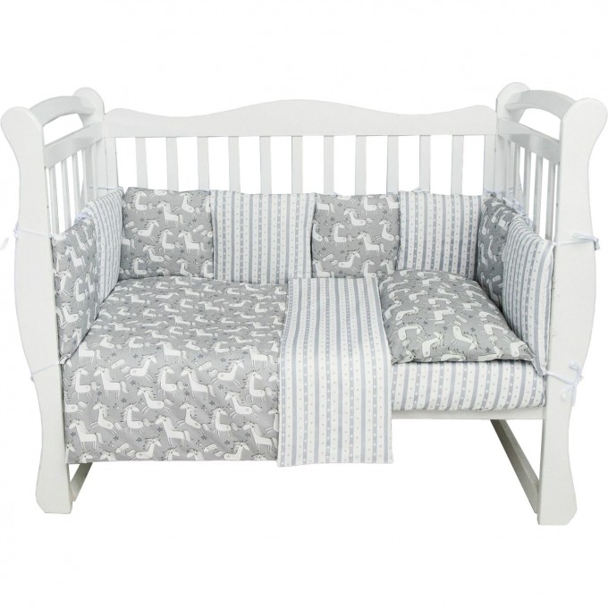 Комплект в кроватку AMAROBABY СКАЗОЧНЫЕ ЕДИНОРОЖКИ, 15 предметов (3+12 подушек-бортиков), бязь, белый/серый AMARO-3015-EdS