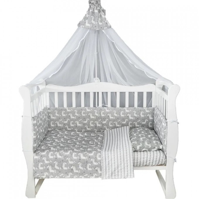 Комплект в кроватку AMAROBABY СКАЗОЧНЫЕ ЕДИНОРОЖКИ, 7 предметов (6+4 подушки-бортика на молнии), белый/серый, бязь AMARO-3007-EdS