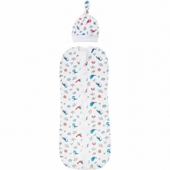 Пеленка (кокон на молнии) с чепчиком AMAROBABY SOFT HUGS Птички, белый, размер 68-74